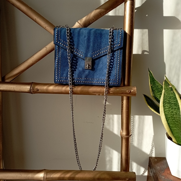 Blue Faux Suede and Faux Leather Sling Bag - Picture 3 of 11